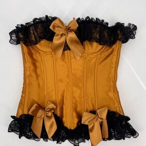 Gold satin overbust stretch bustier corset black lace trim & bow accents New L